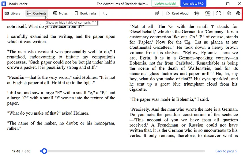 Table of contents of an EPUB book in Icecream Ebook Reader