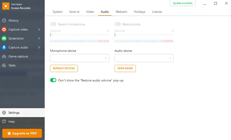 Selecting audio input and mixer