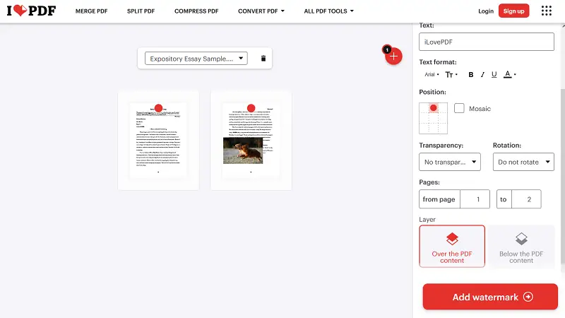 Watermarking PDF online on iLovePDF website