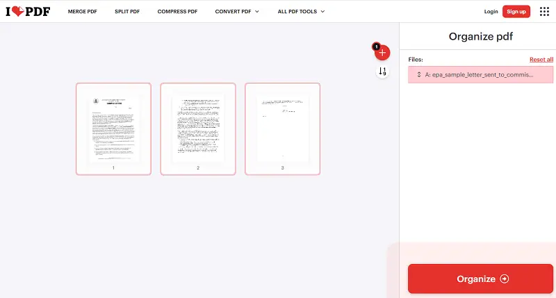 Reorder pdf pages in iLovePDF