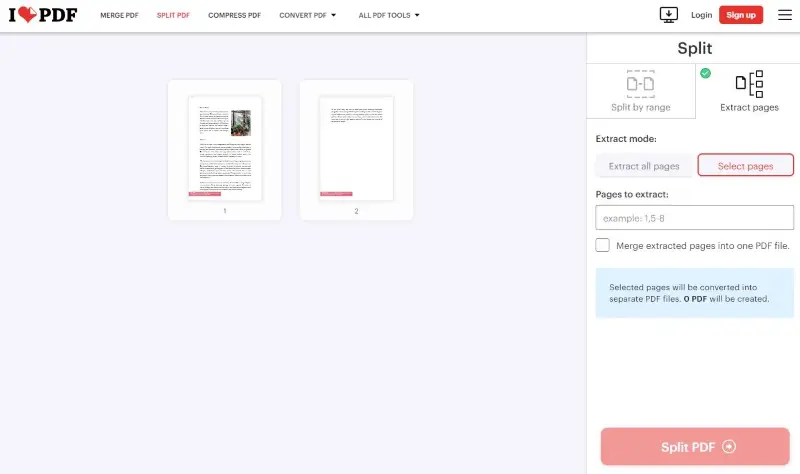 Split pages in PDF using iLovePDF