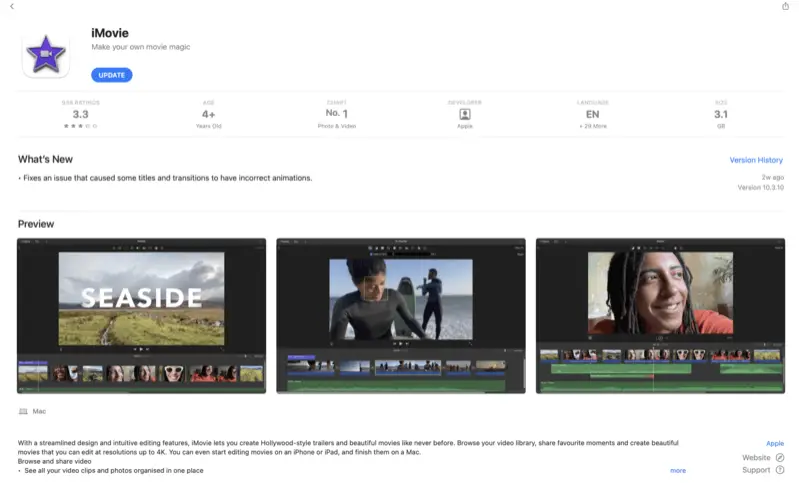 Page of iMovie in Appstore