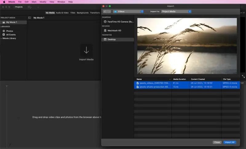 Dodaj pliki wideo do scalenia z Moje media do iMovie na macOS