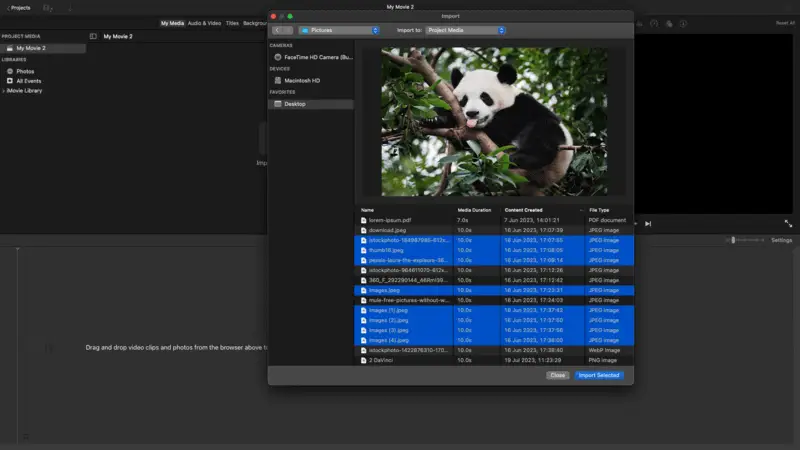 Add files to iMovie to create a slideshow for YouTube