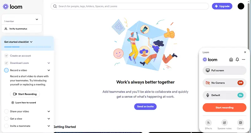 Loom webcam recording software interface