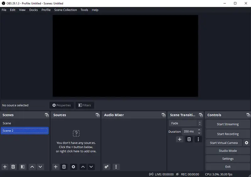 OBS Studio program interface OBS Studio program interface