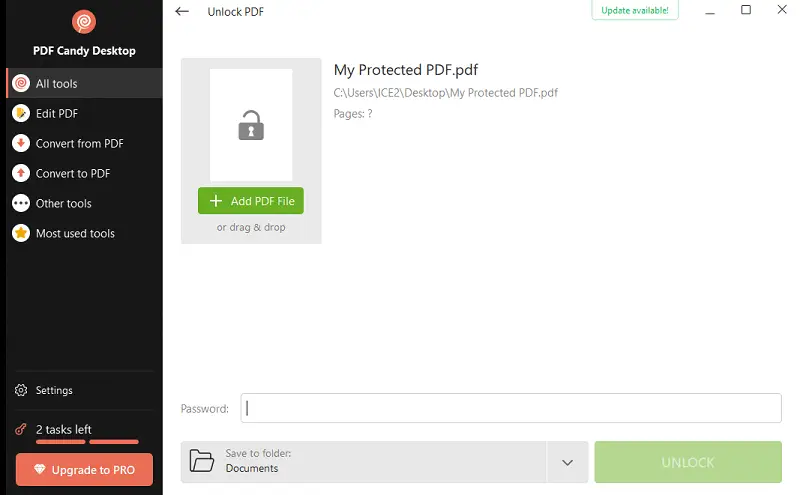 Remove PDF password with PDF Candy Desktop - Tool interface
