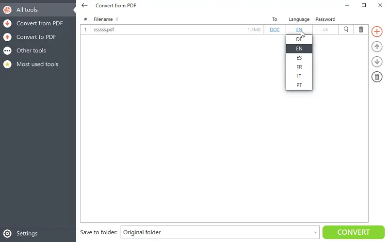 Select the language to convert scanned PDF to Word in PDF Candy Desktop