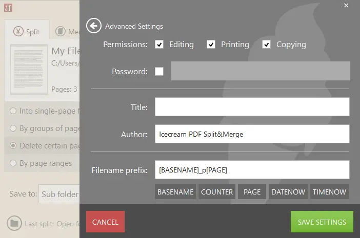 Settings of PDF splitting process in Icecream PDF Split & Merge