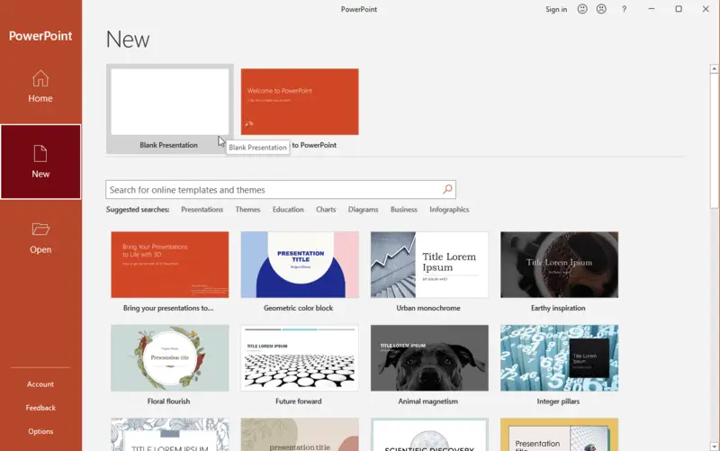 Пустая презентация открытая в PowerPoint