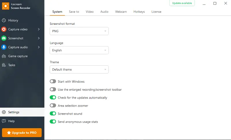 Screenshot settings tab of Icecream Screen Recorder