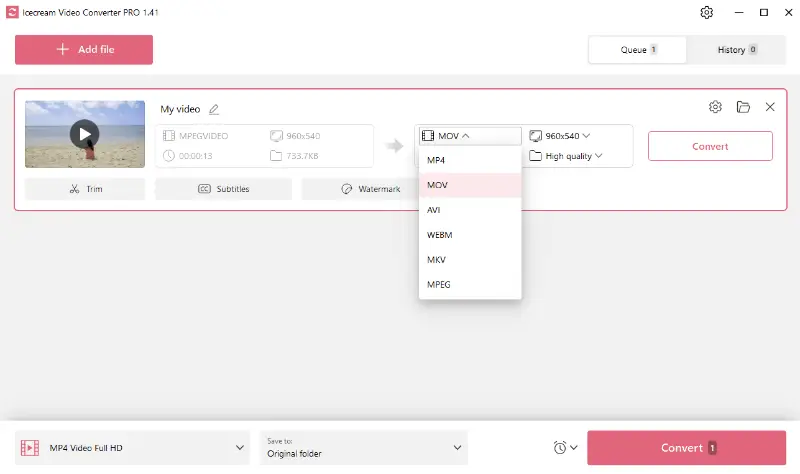 Set output video file format individually for MPG to MOV conversion in Icecream Video Converter