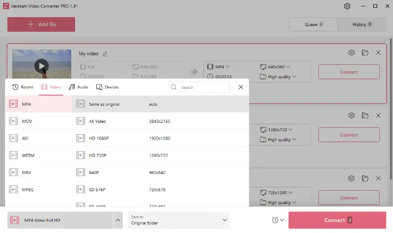 Select MP4 as the output video format