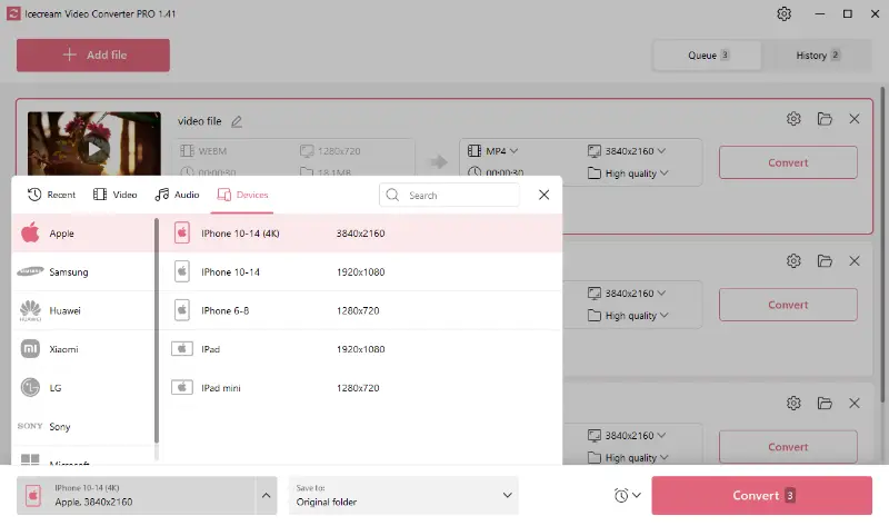 Select preset device conversion settings available in Icecream Video Converter