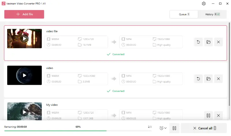 Conversion of videos for iPhone in progress in Icecream Video Converter