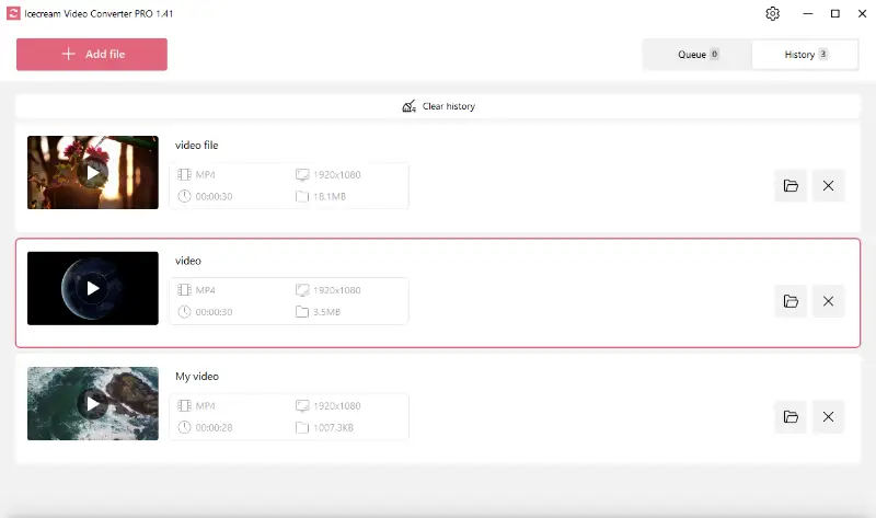History tab of the video file converter