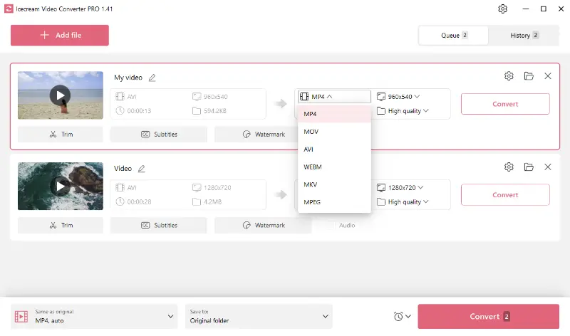 Format selection in Icecream Video Converter