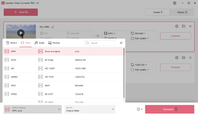 Bulk video conversion setting in Icecream Video Converter