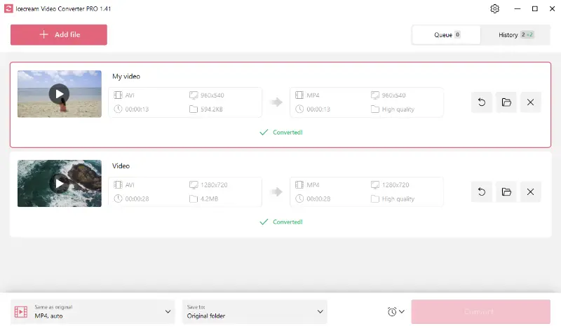 Completed conversion in Icecream Video Converter