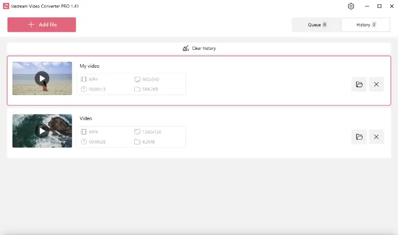 History tab of Icecream Video Converter