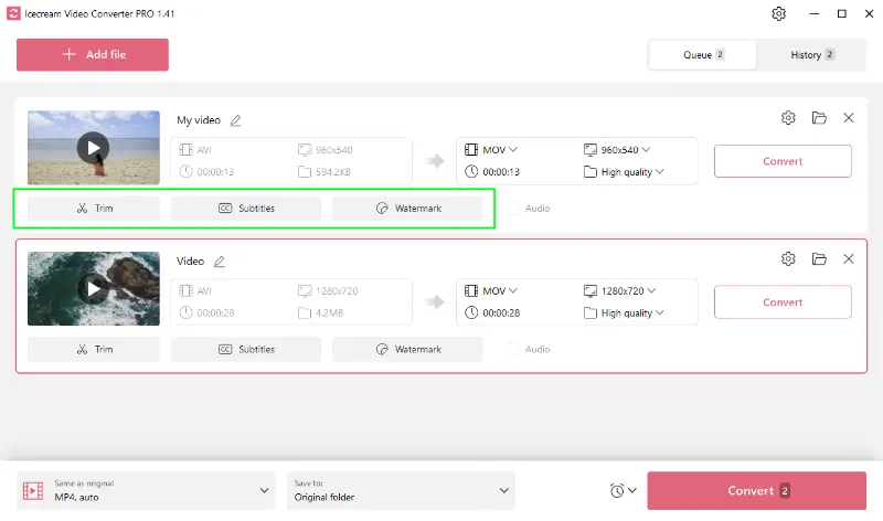 Additional tools before converting available in Icecream Video Converter