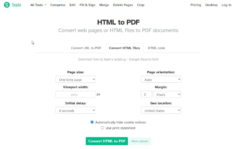 Konwerter HTML do PDF online Sejda