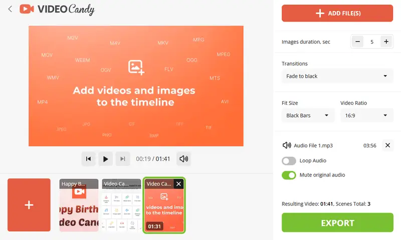 Add audio to slideshow and mute original sound with Video Candy